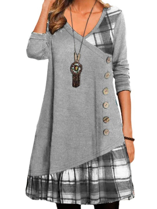 Autumn Stitching Decorative Buckle Long Sleeve Plaid Dresses