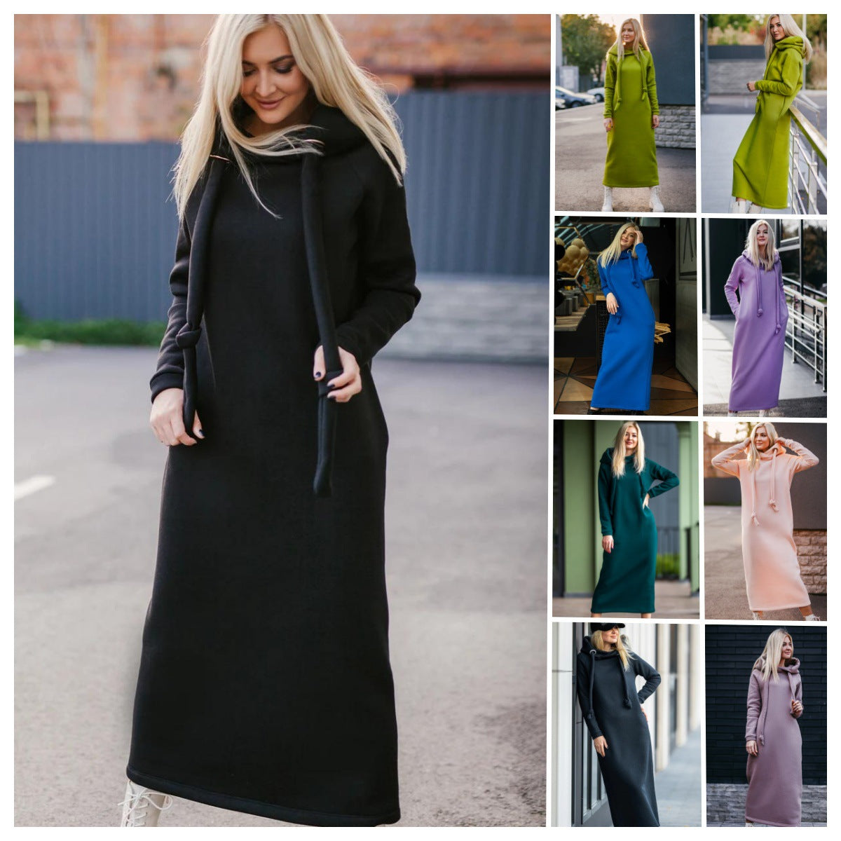 Oversized Knit Hooded Brushed Hoody Casual Fashion Stitching Dress