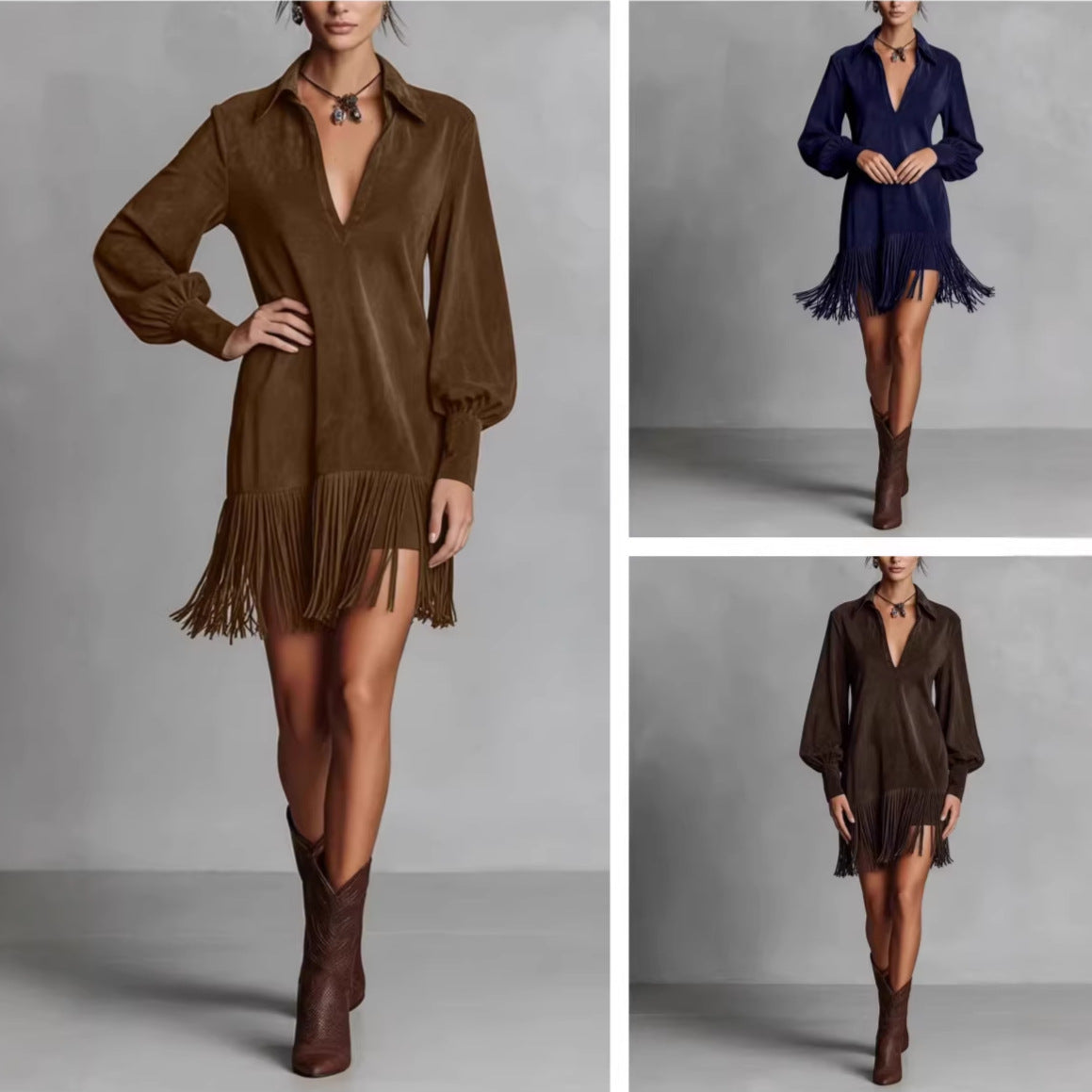 Women's Faux Suede Lapel Zipper Fashion Fringed Dress