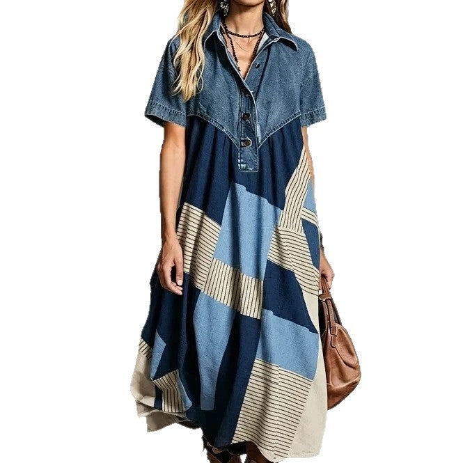 Women's Casual Fashion Denim Stitching Loose Retro Dress