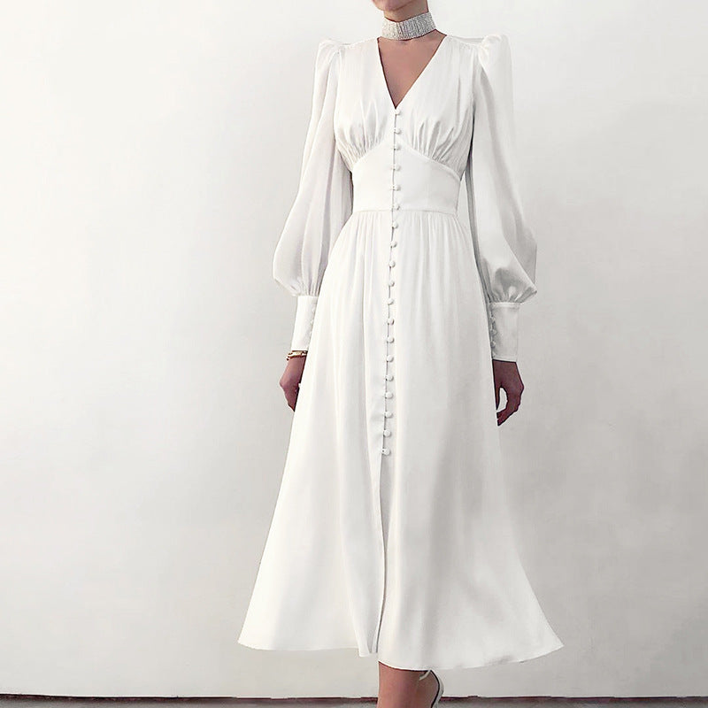 Women's Satin Dress Design Sense Lantern Sleeve Waist Dresses