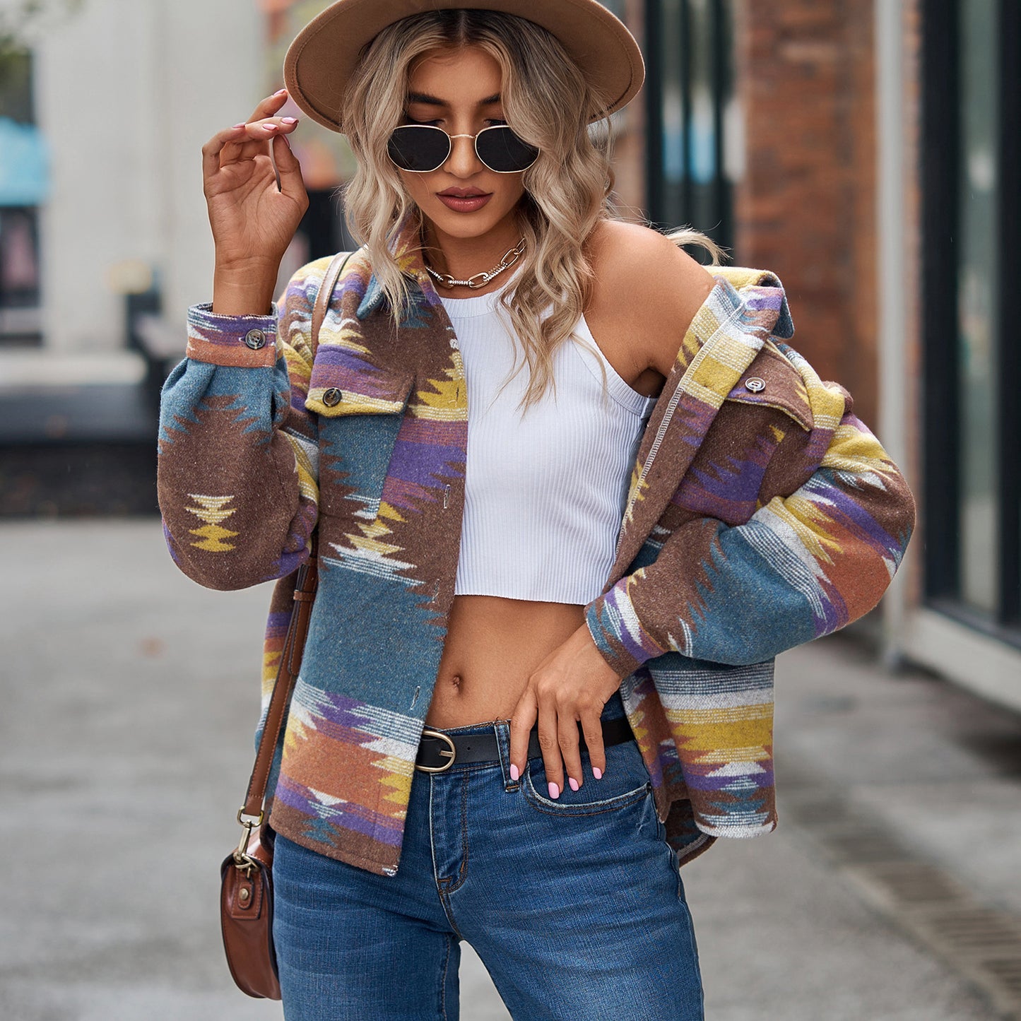 Women's Geometric Pattern Loose Lapels Pocket Button Coats
