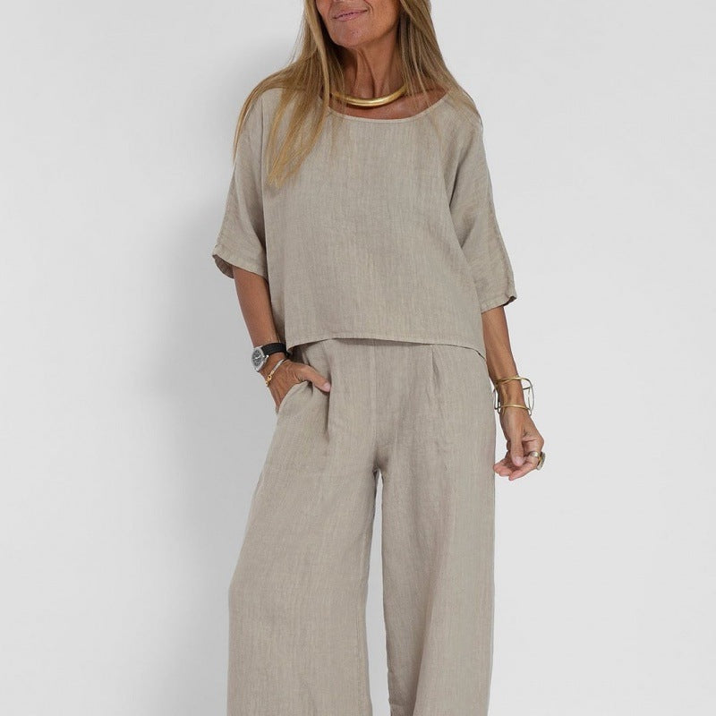 Women's Casual Loose Solid Color Sleeve Cotton Suits
