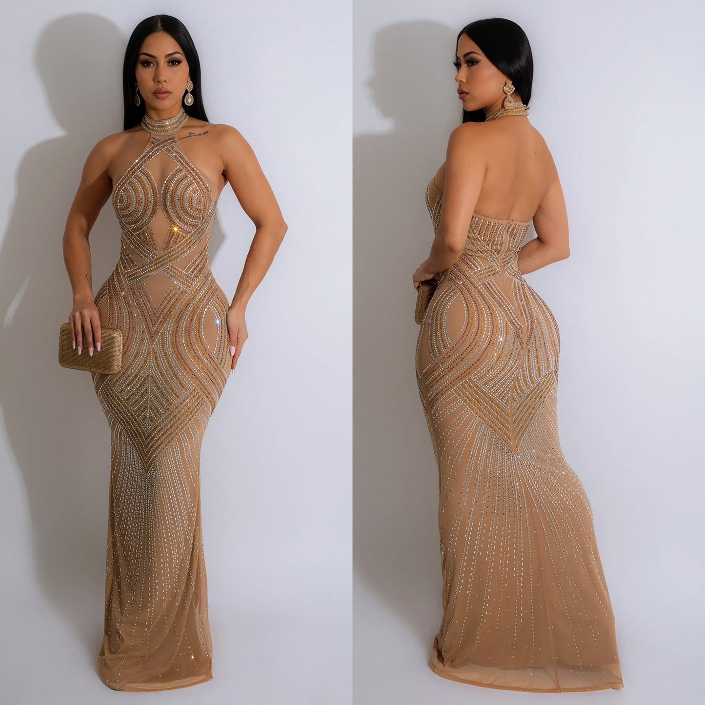 Women's Wear Pure Color Mesh Hot Rhinestone Dresses