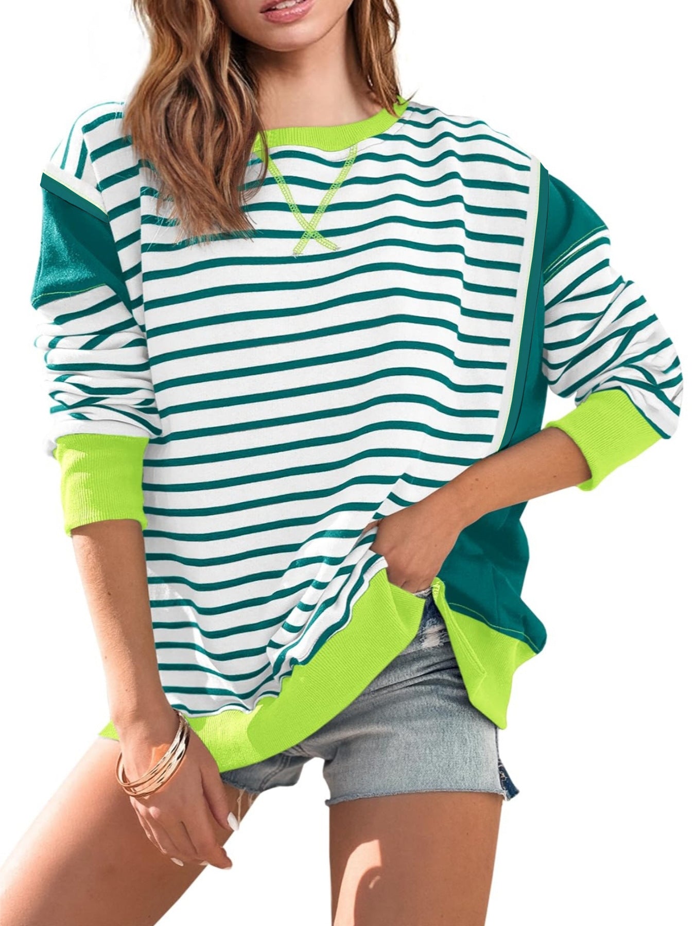 Women's Striped Contrast Color Long Sleeves T-shirt Blouses