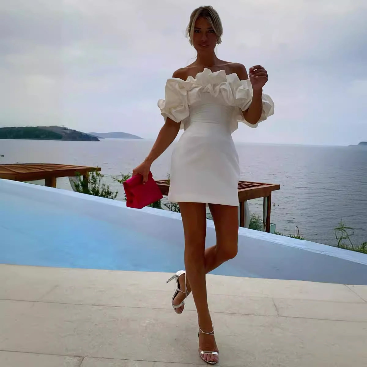 Women's Summer Ruffled Dress Sexy Oblique Shoulder Dresses