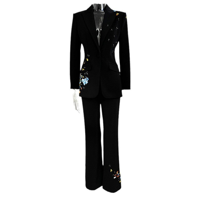 Elegant Color Sequined One Button Trousers Suits