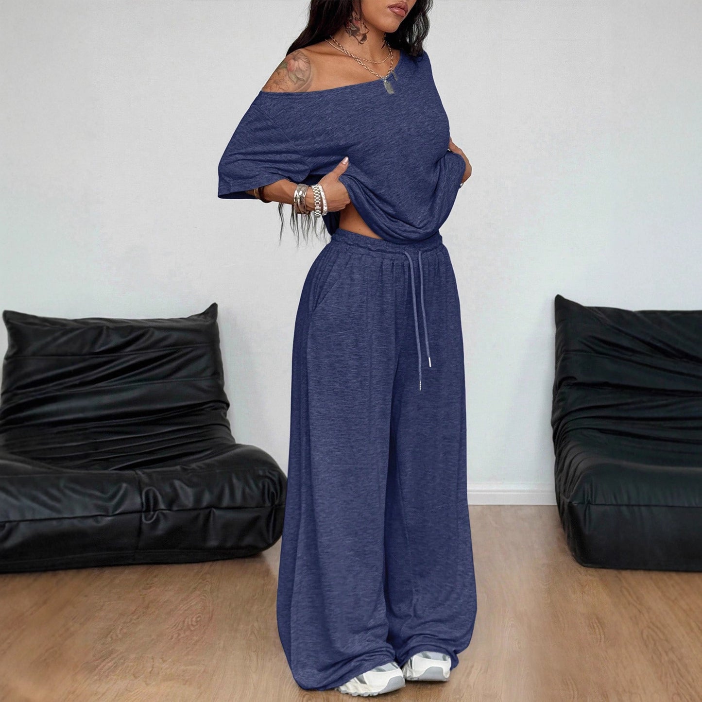 Women's Diagonal Collar Wide Leg Solid Color Sports Two-piece Loose Suits