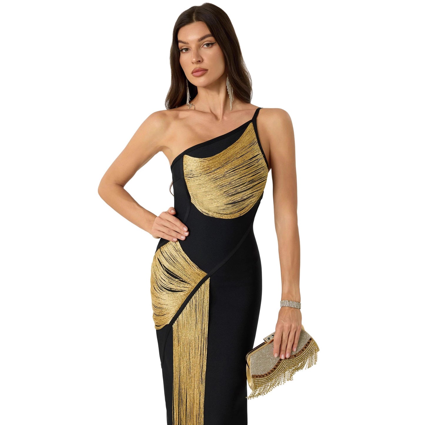 Women's Black Slant Shoulder Bandage One-piece Sleeveless Dress