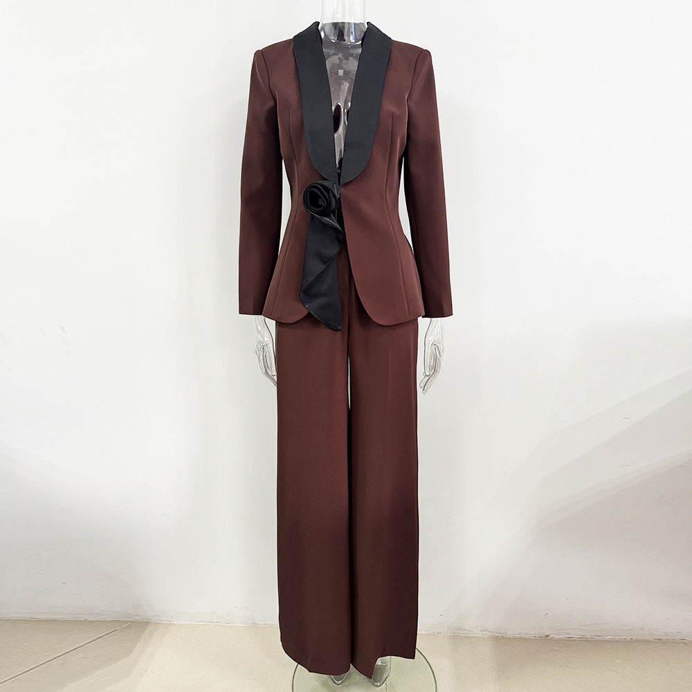Two-piece Set Color Contrast Green Collar Fashion Casual Suit