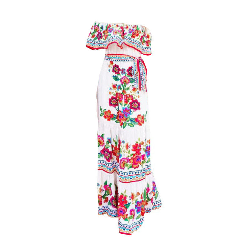 Women's Printed Wear Holiday Ethnic Red Flower Dress