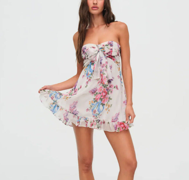 Sexy French Style Printed Translucent Floral Strapless A- Dress