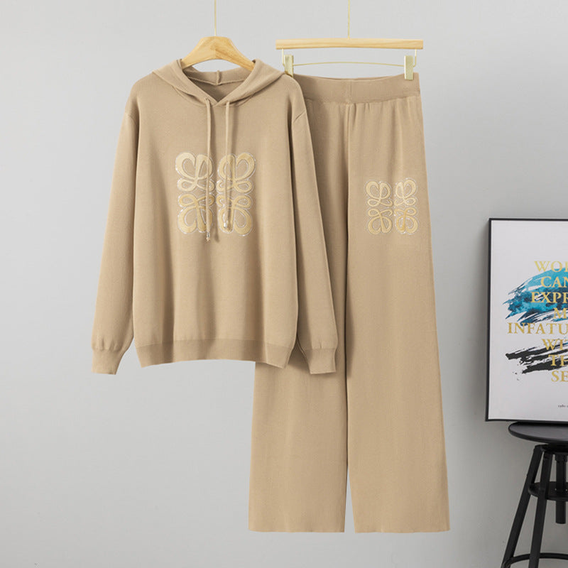Women's Graceful Knitting Hooded Casual Wide Leg Suits