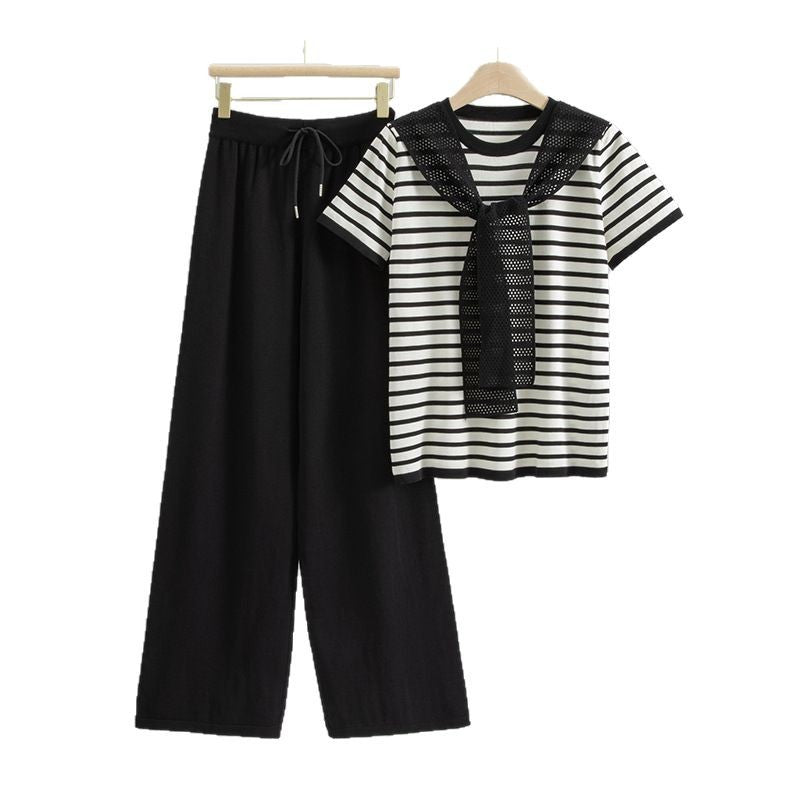 Women's Temperament Leisure Sports Knitted Summer Loose Short-sleeved Striped Two-piece Fashion Casual Suit