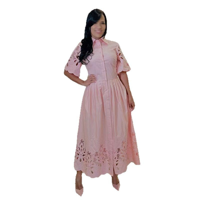 Personalized Embroidered Retro Long Dress Summer Lapel Half Sleeve Dresses