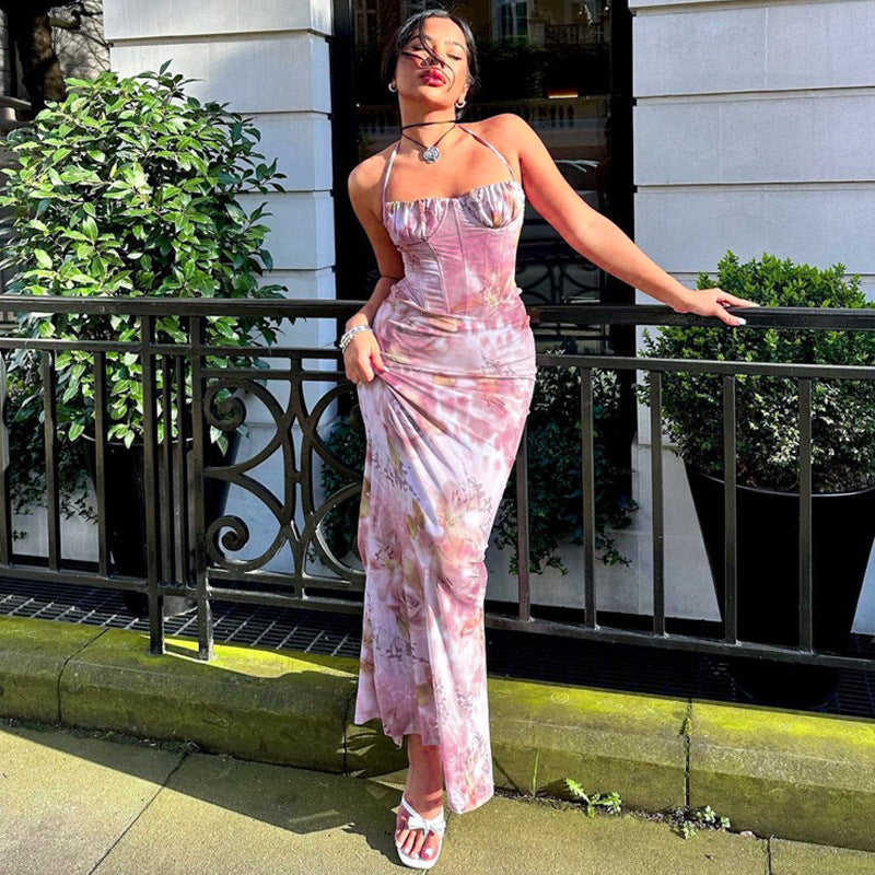 Fashion Printed Sexy Halter Lengthened Increased Dresses