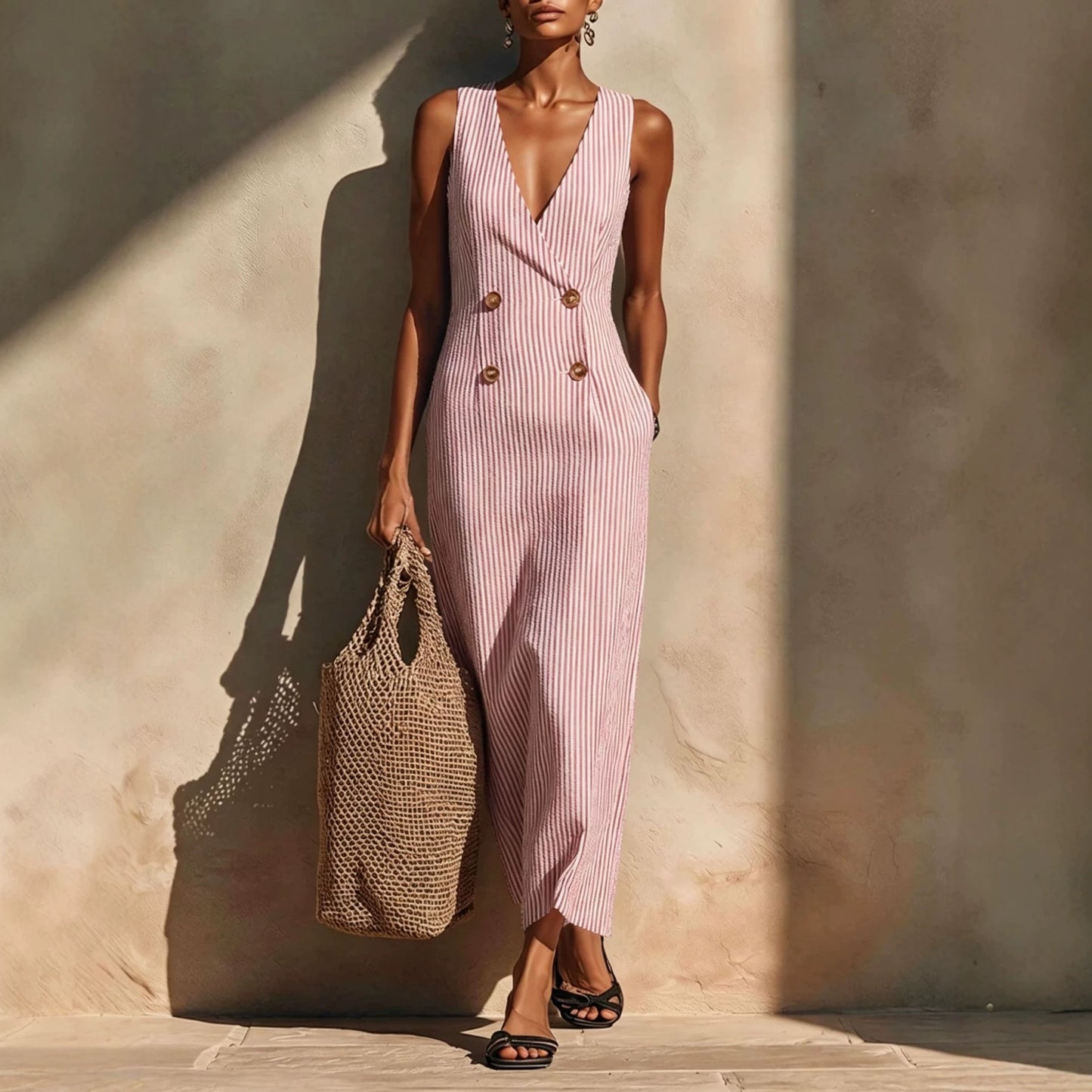 Women's Striped Button Fashion Long Exquisite Refined Dress