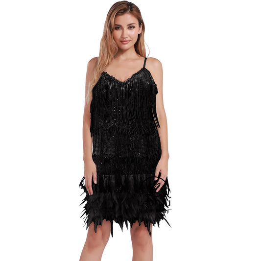 Women's Tassel Feather Sequins Sexy Sequined Suspender Clothing