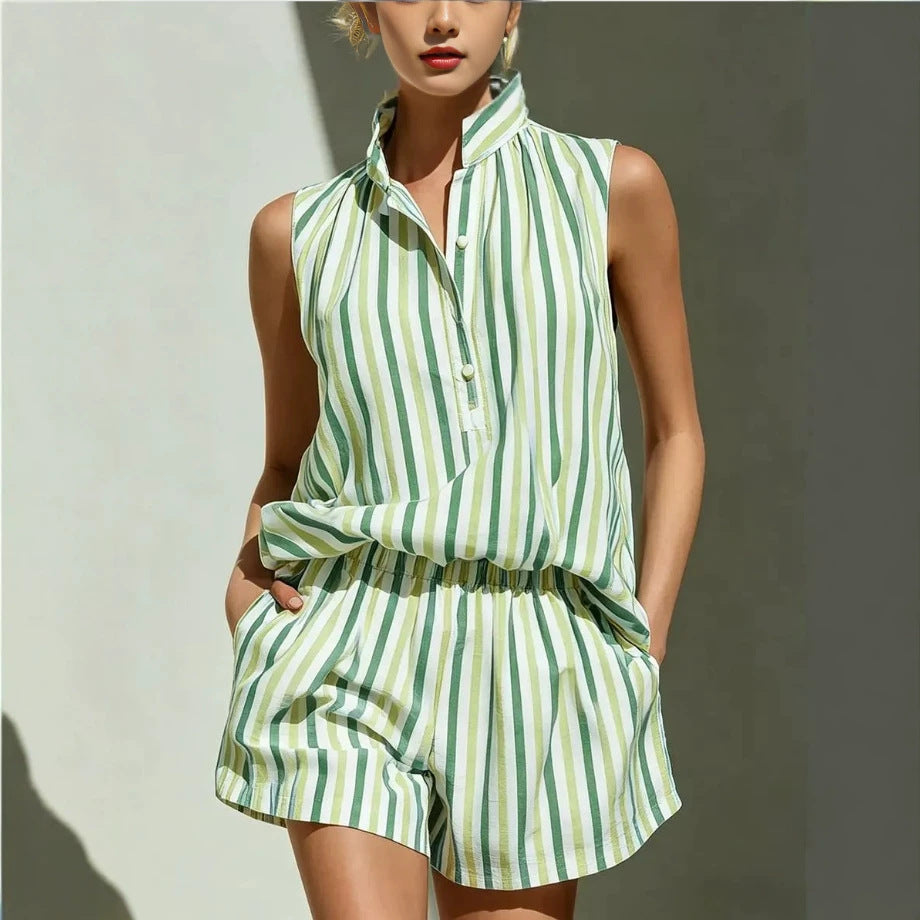Women's Stand Collar Striped Shirt Elastic Wide Leg Fashion Casual Suit