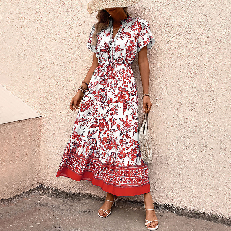 Holiday Casual Blue Retro Ethnic Print Dresses