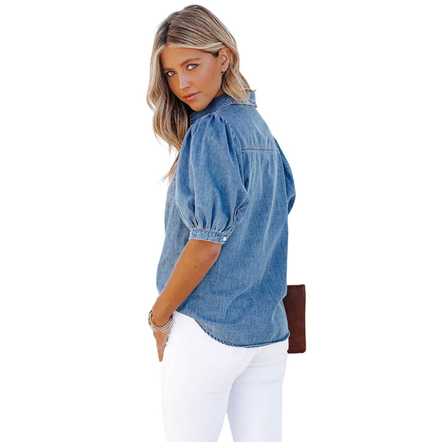 Women's Princess Sleeves Lapel Thin Denim Shirt Blouses