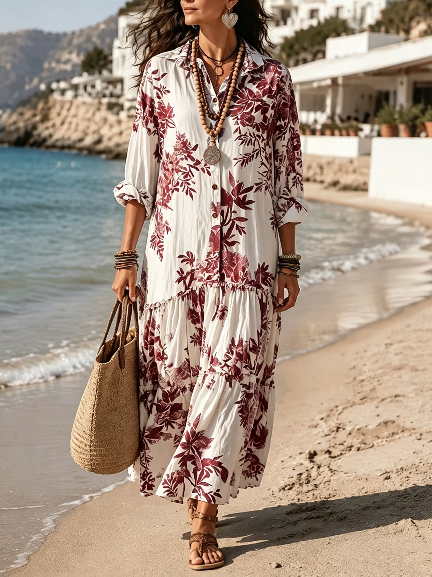 Plant Floral Print Long Sleeve Shirt Pleated Expansion For Dress