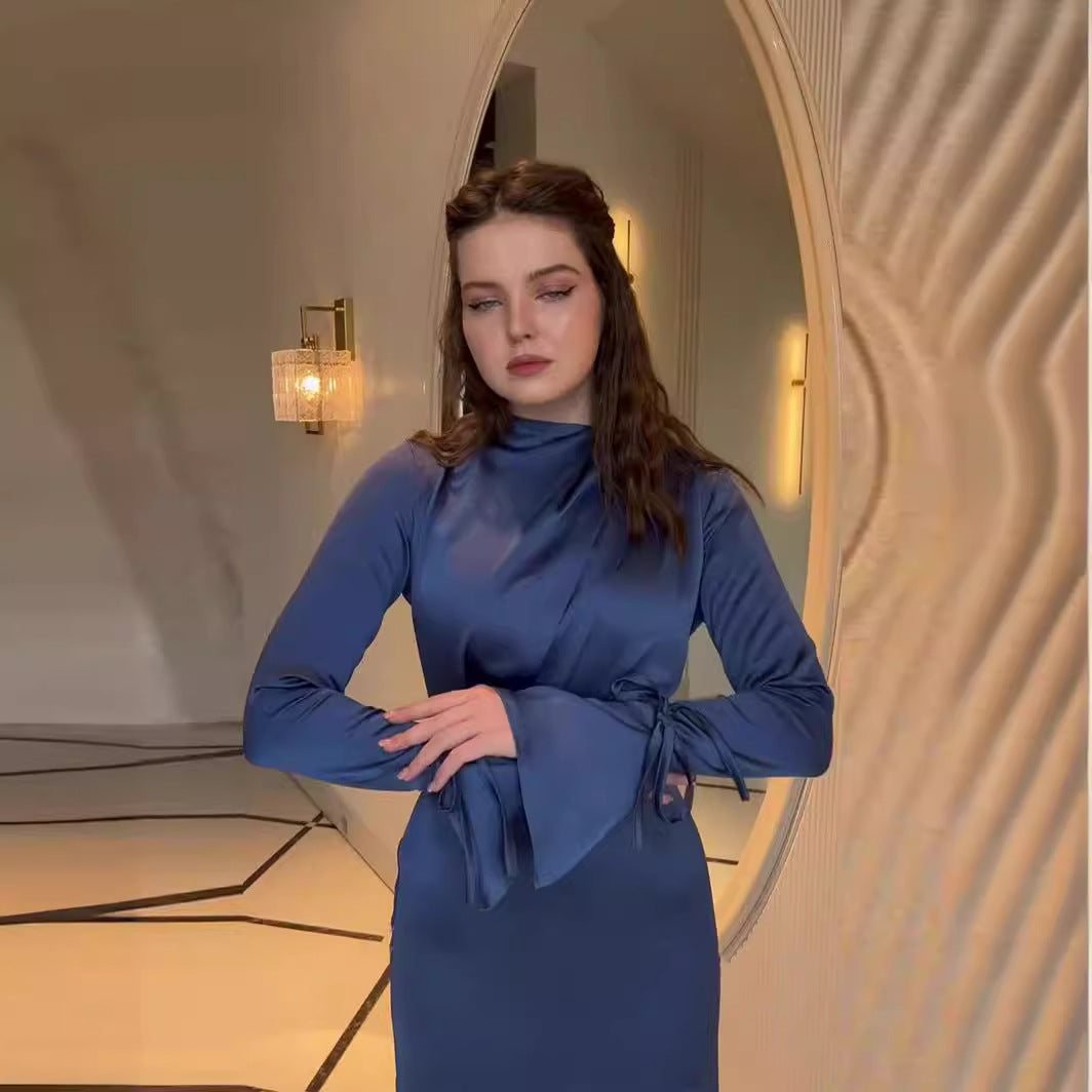 Lace Up Bow Long Sleeve Satin Dresses