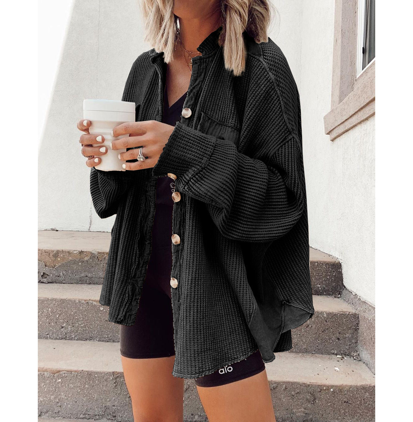 Loose Waffle Casual Shirt Stitching Fashion Blouses