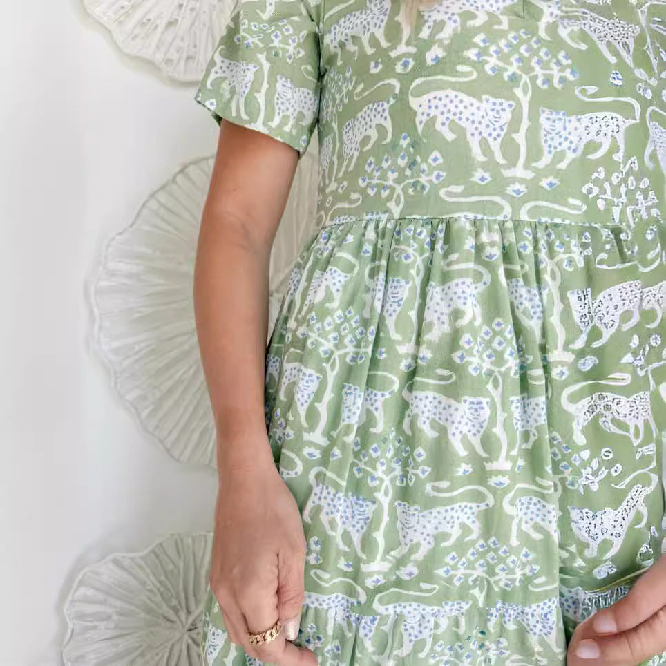 Summer Leopard Print Sleeve Pocket Long Dresses