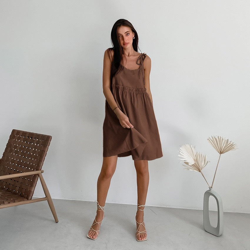 Solid Color Texture Slip Pleating Loose Leisure Dress