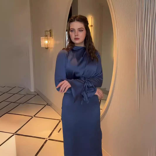 Lace Up Bow Long Sleeve Satin Dresses