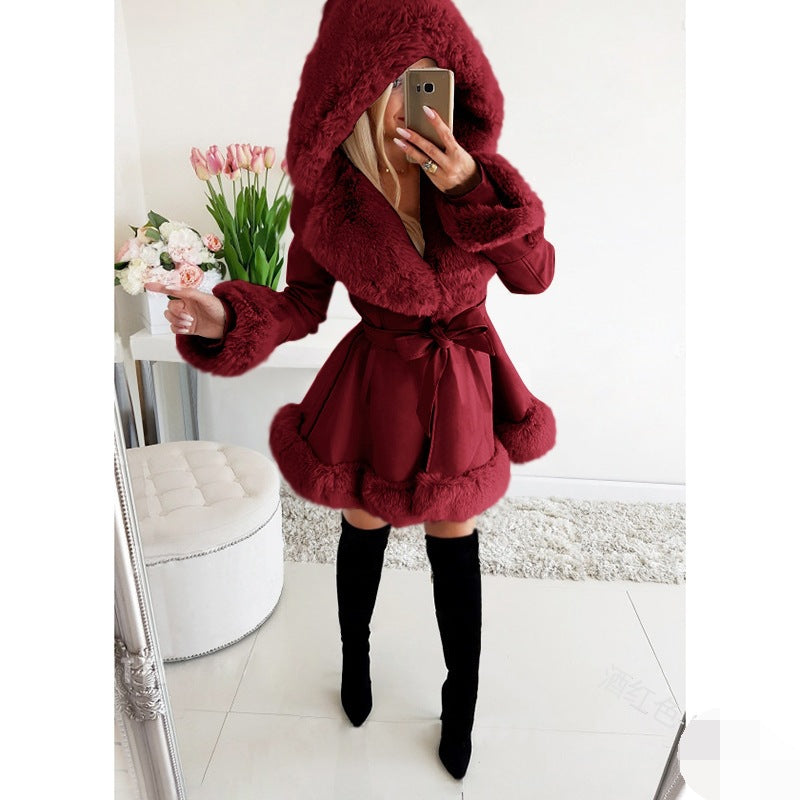 Women's Pure Color Belt Classic Style Fur Coats