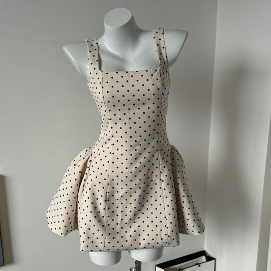 French Polka Dot Dress Fitted Waist Backless Dresses