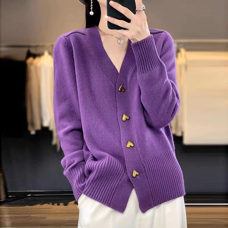Women's Solid Color Simple Heart Buckle Outer Wear Sweaters