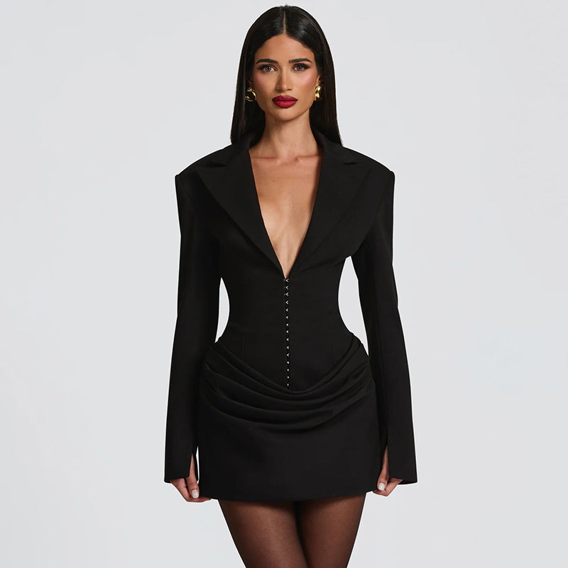 Women's Solid Color Fashion Deep V Lapel Waist Tight Clothing