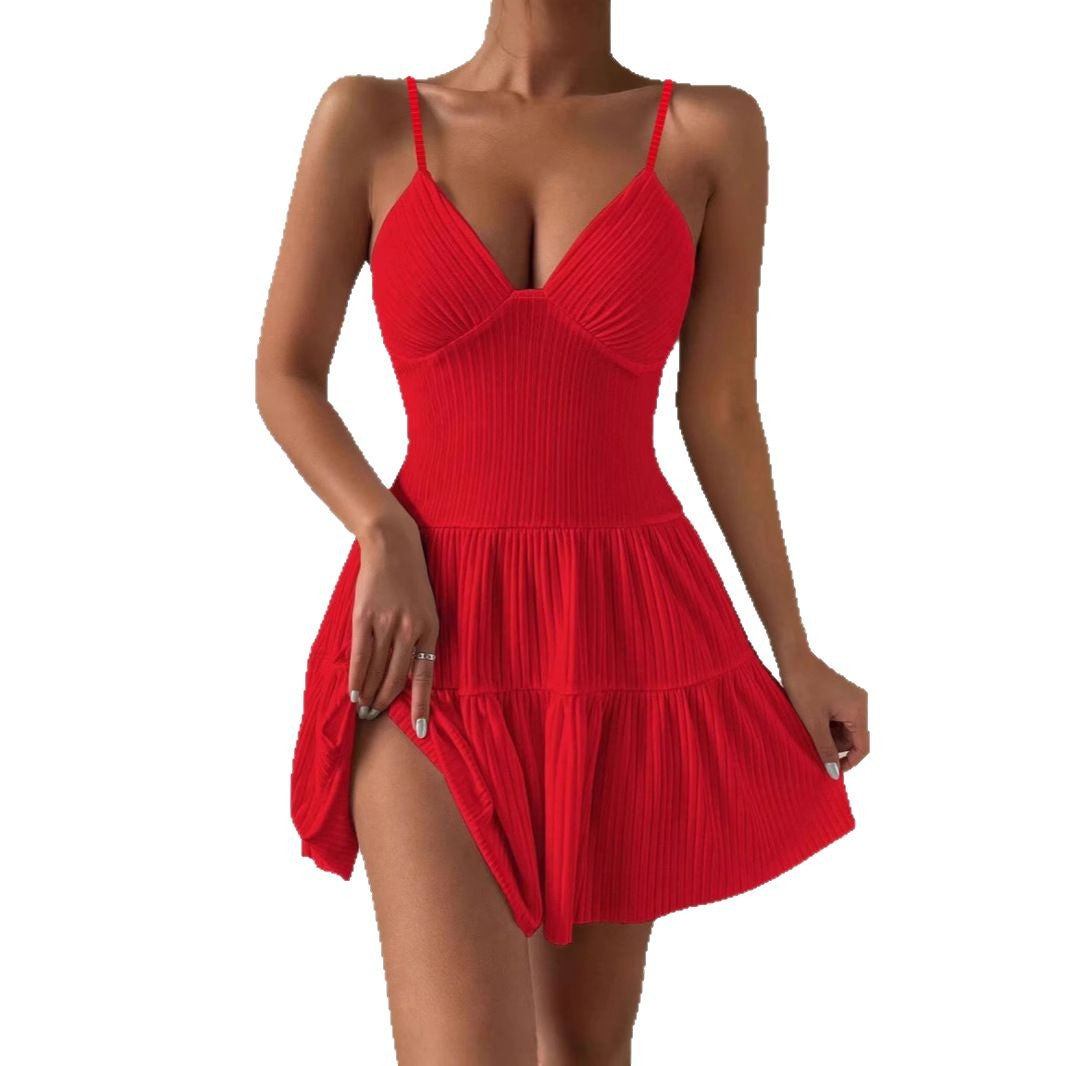 Women's Sleeveless Collar Layered Rib Knitted Backless Dress