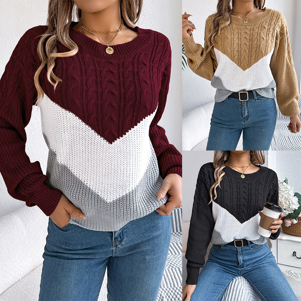 Women's Casual Multicolor Twist Lantern Sleeve Knitted Sweater
