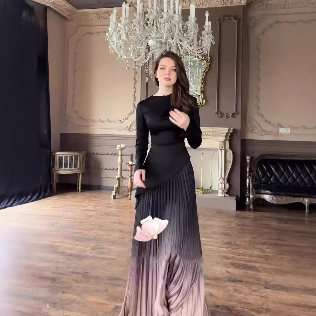 Women's Autumn Style Gradient Pleated Long Dress Dresses