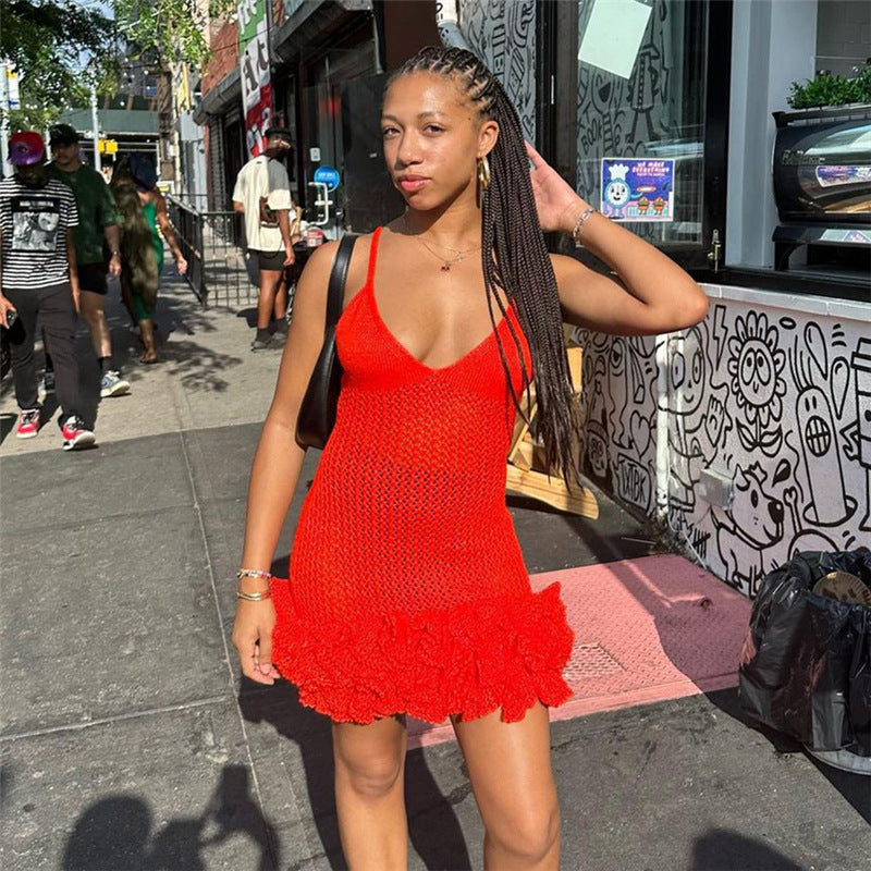 Women's Beach Sexy Hot Brace Design Ruffled Dress