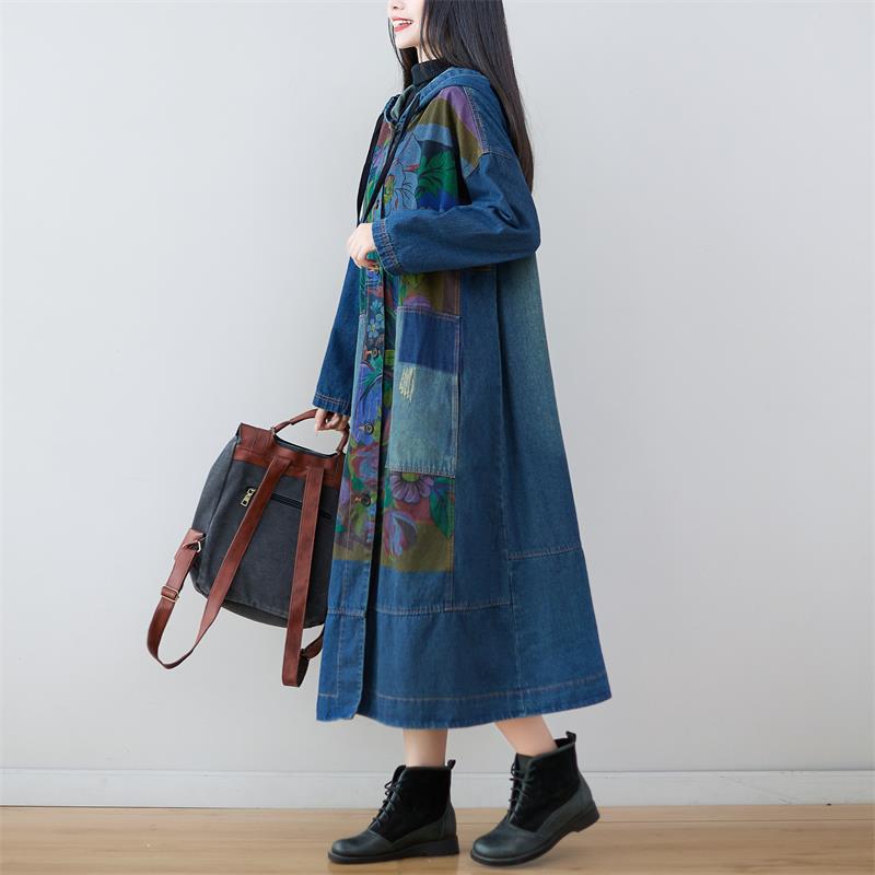 Washed-out Vintage Extended Denim Artistic Stitching Hooded Coats