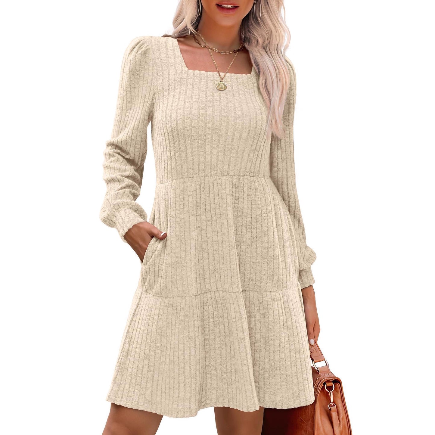 Square Collar Sunken Stripe Knitted Pocket Skirts