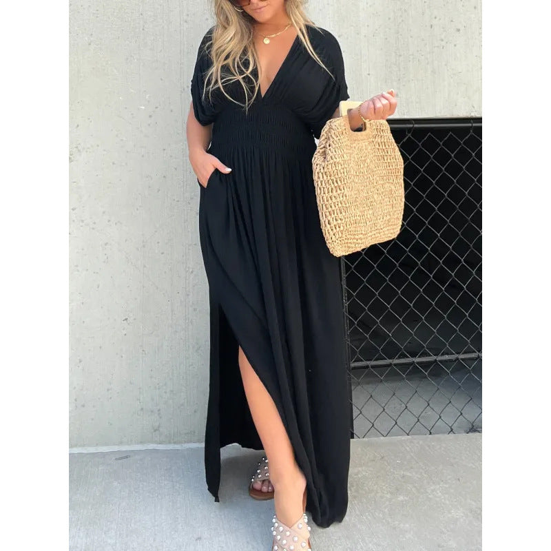 Color Bat Sleeve Elastic Waisted Slimming Dresses