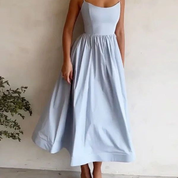 Women's Dopamine Solid Color Suspender Dress Waist Pleated Dresses