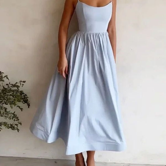 Women's Dopamine Solid Color Suspender Dress Waist Pleated Dresses