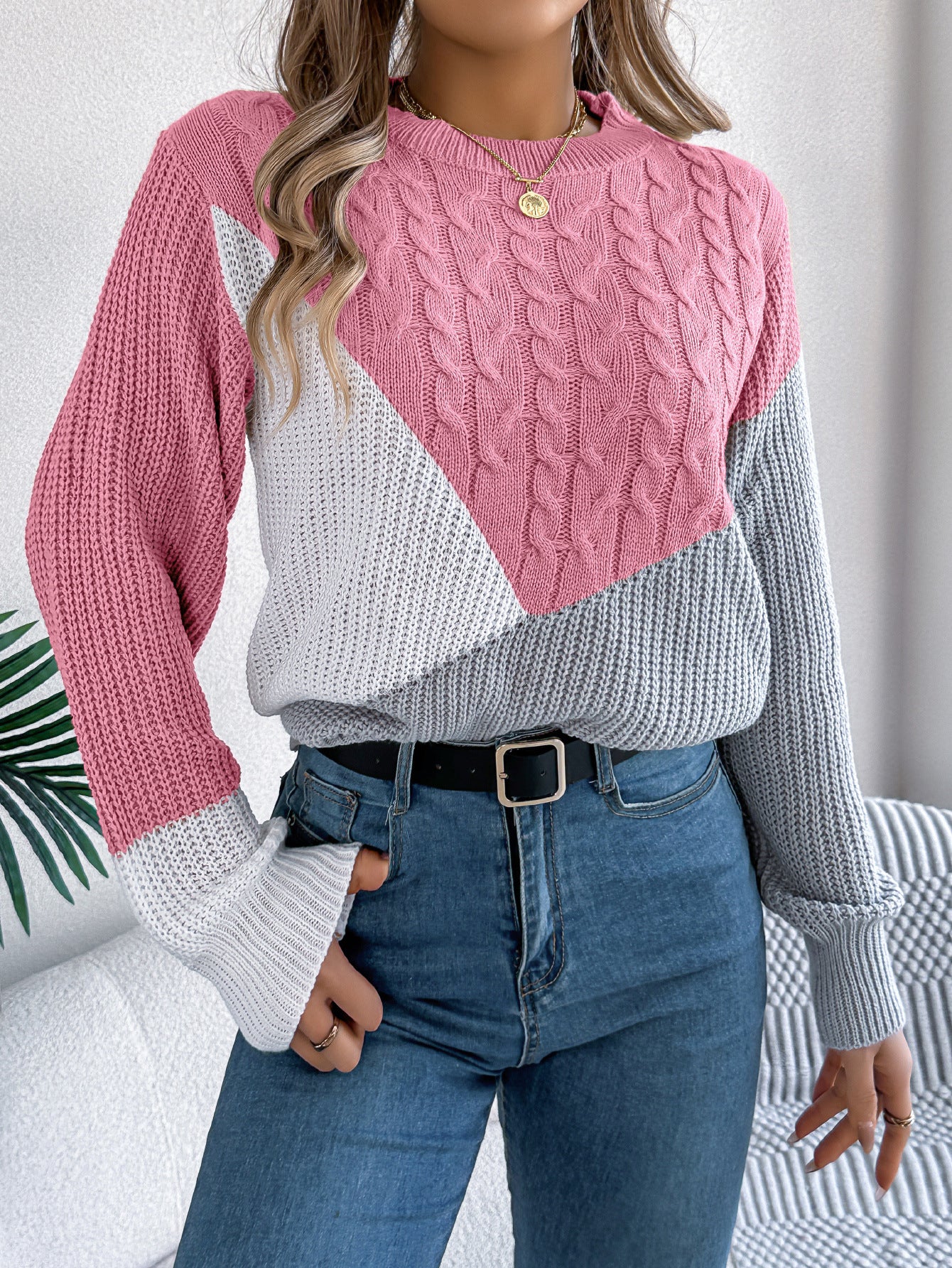 Women's Clearance Casual Contrast Color Twist Long Sleeve Sweaters