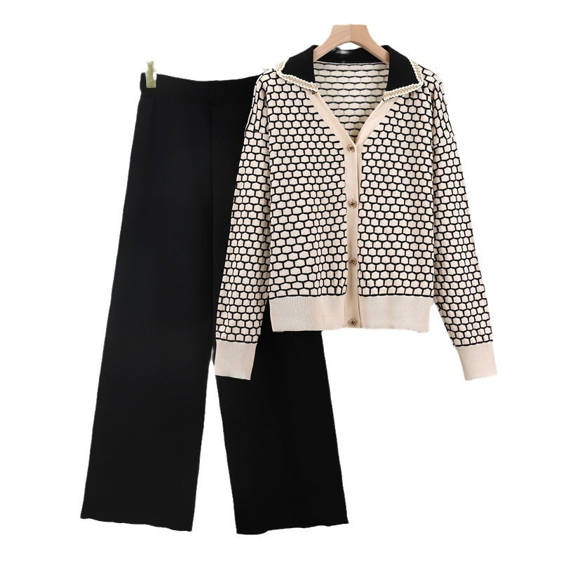 Women's Plaid Elegant Knitted Fashionable Wide Leg Fashion Casual Suit