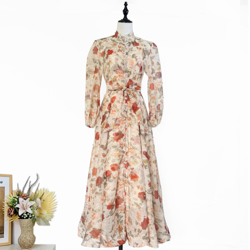 Women's Retro Printed Light Luxury Rhinestone Single-breasted Dresses