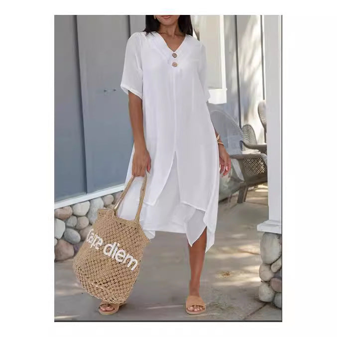 Women's Woven Cotton Linen Split Artistic Dress