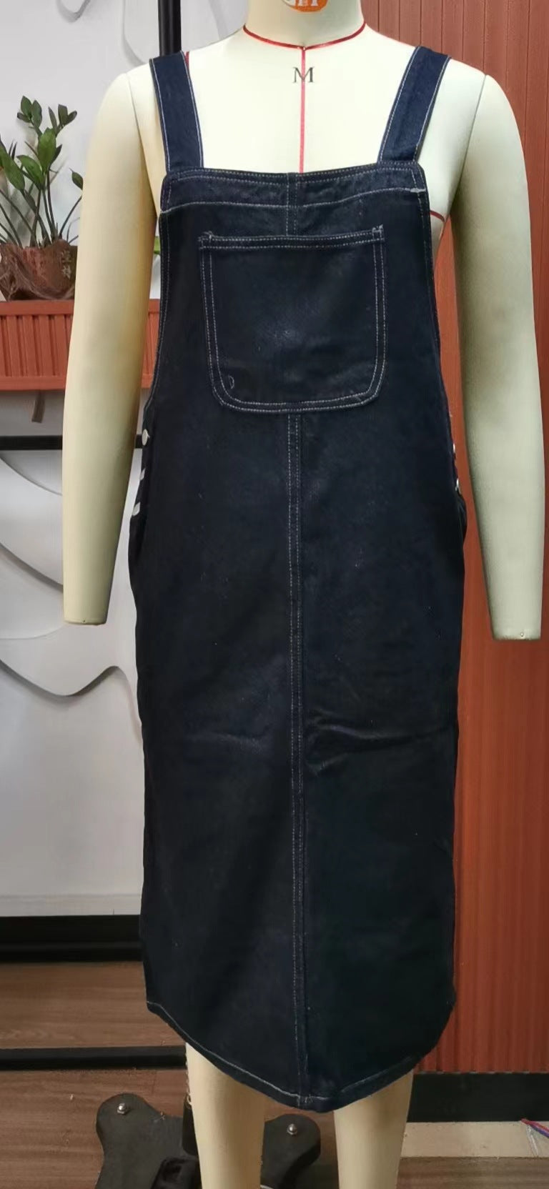 Charming Personalized Washed Denim Brace Midi Dress