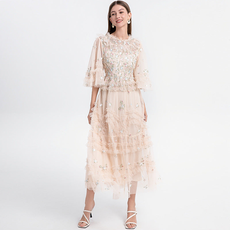 Women's Elegant Dress For French Embroidery Flower Mesh Dresses